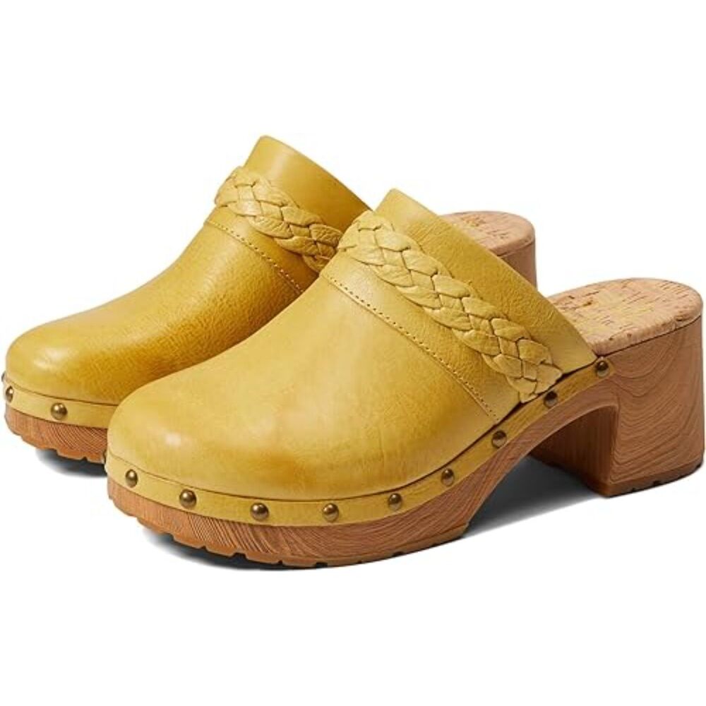 NWOT Yellow Clogs Kork-Ease 8.5 slip on unique fun leather braided